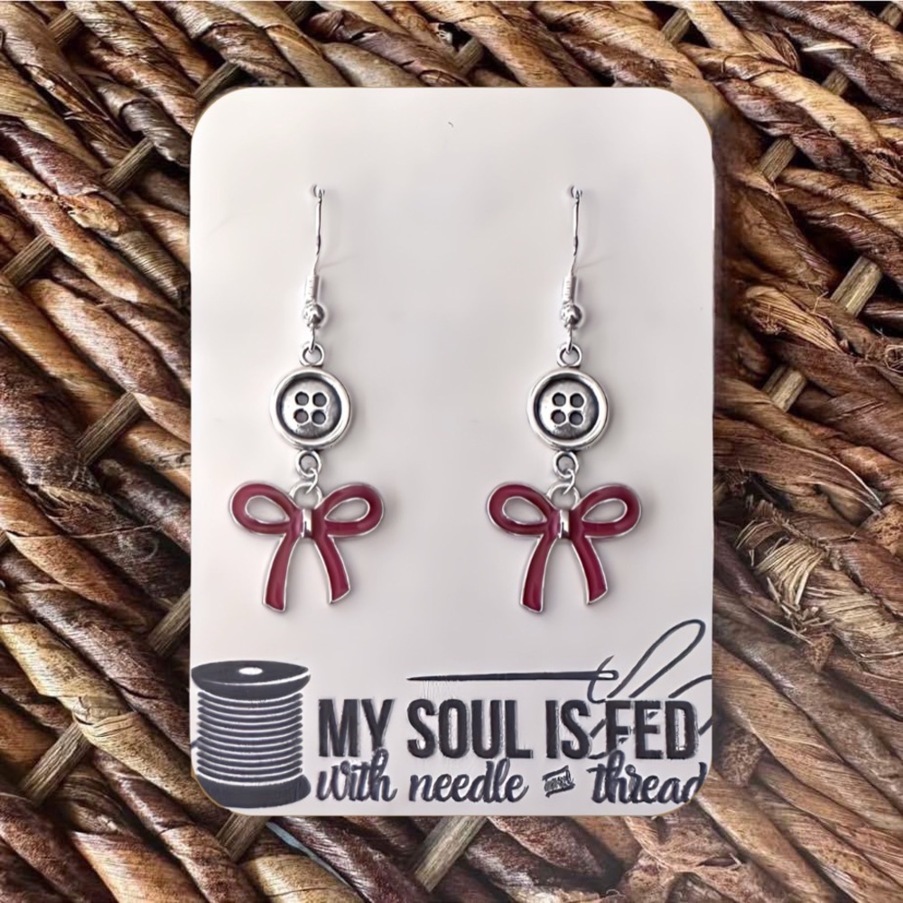 New Handmade Silver-Tone Button and Red Bow Charm Dangle Earrings